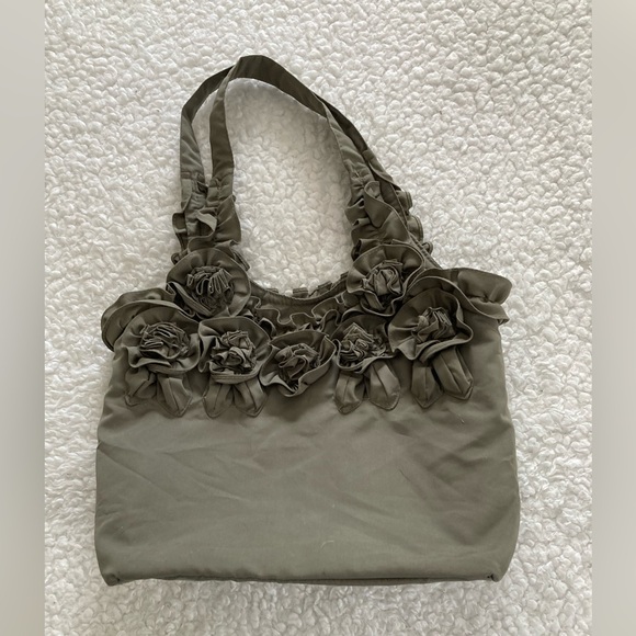 Joy Susan Handbags - Joy Susan floral appliqués olive green fabric shoulder bag/purse